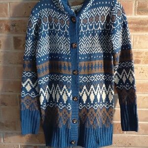 Jon & Anna Blue Fair Isle Button-Up Cardigan with Cream & Brown Accents